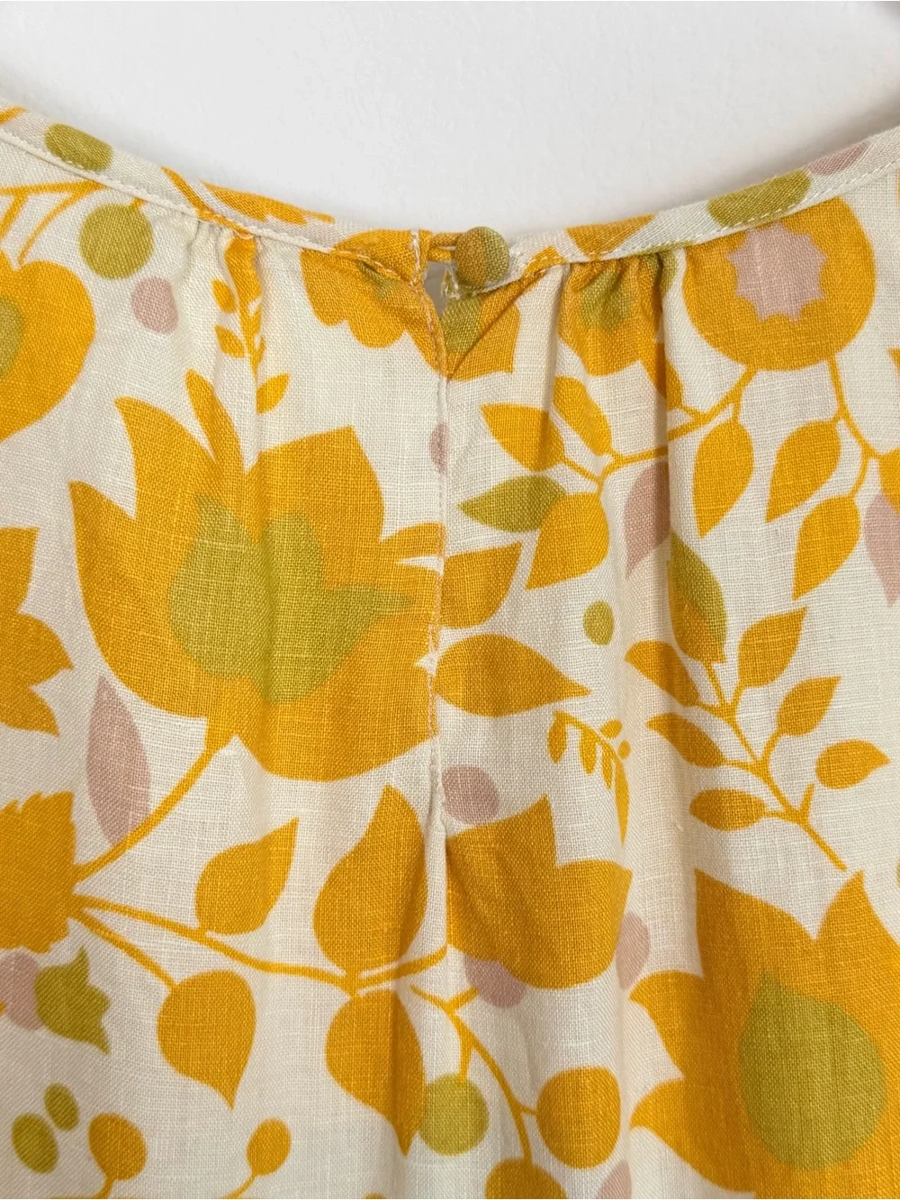 Boden Yellow Floral Print Linen Dress Lace Trim Hem Short Sleeve Fit & Flare 12R